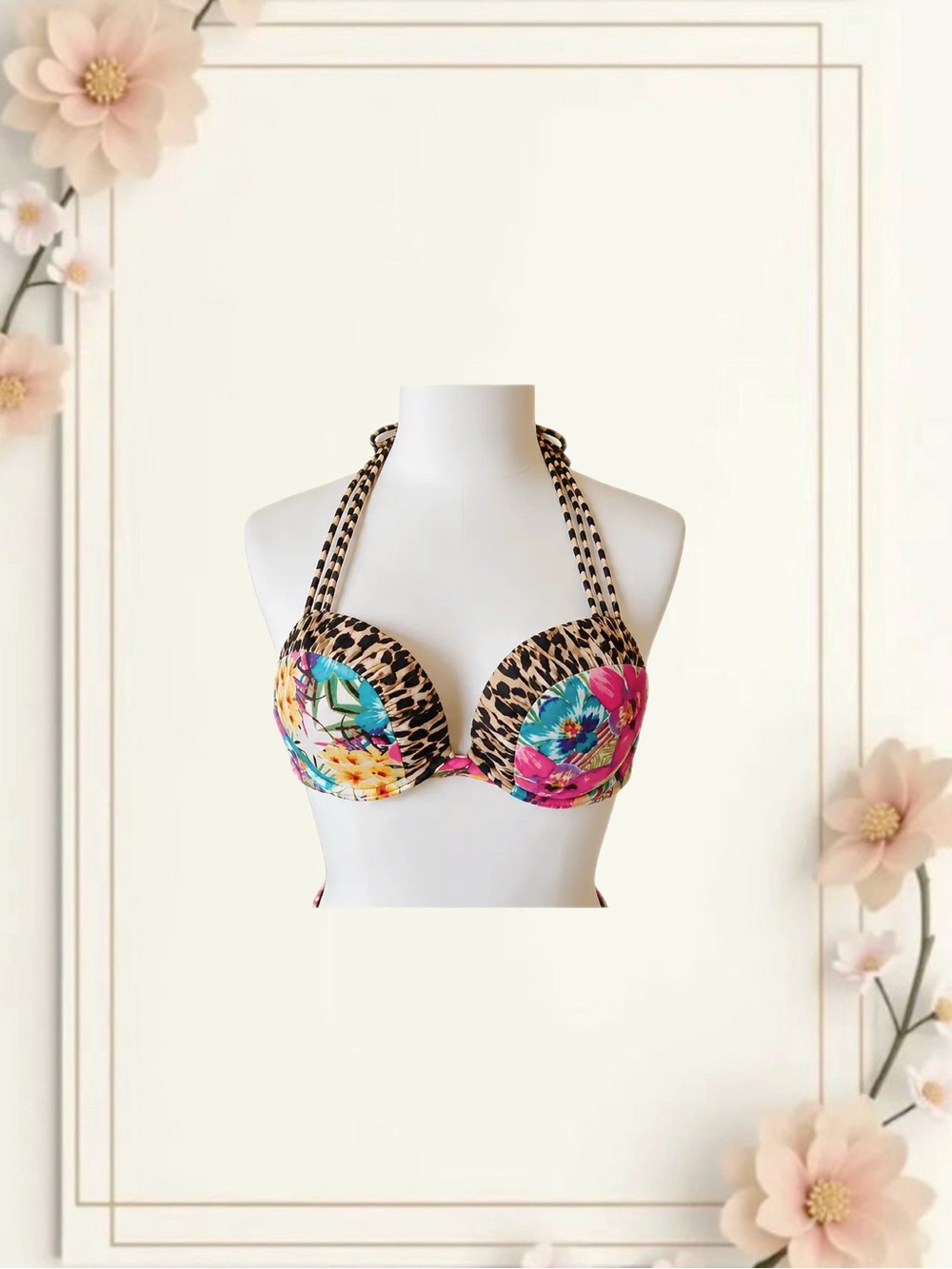Victoria’s Secret “Bombshell” Floral & Leopard Print Halter Bikini Top— RARE!